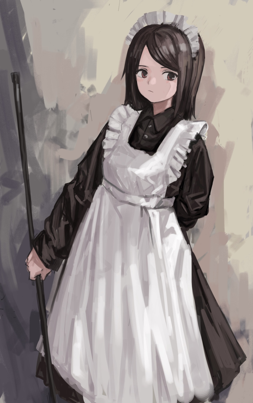 1girl apron arm_behind_back brown_background brown_dress brown_eyes brown_hair buttons closed_mouth collared_dress commentary dress feet_out_of_frame frilled_apron frills highres holding holding_stick long_dress long_hair long_sleeves looking_at_viewer maid maid_apron maid_headdress original shinamida solo standing stick swept_bangs symbol-only_commentary white_apron