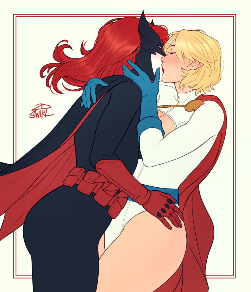 2dswirl animal_ears applying_makeup ass bat_ears batwoman belt black_bodysuit black_cape blonde_hair blue_gloves blush bodysuit cape cleavage_cutout closed_eyes clothing_cutout dc_comics gloves hand_on_another's_face hand_on_another's_waist highres kiss leotard mask power_girl red_belt red_cape redhead superhero thighs white_leotard yuri