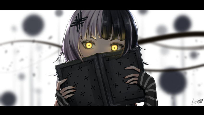 1girl black_hair black_nails book covering_mouth grey_hair hair_ornament highres hololive hololive_english lominoes looking_at_viewer multicolored_hair shiori_novella signature split-color_hair striped_arm_warmers two-tone_hair virtual_youtuber white_background yellow_eyes