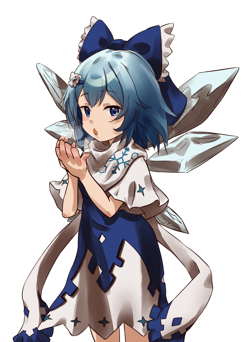 1girl absurdres blue_bow blue_dress blue_eyes blue_hair bow capelet cirno dress hair_bow highres ice ice_wings kanilevel large_bow looking_at_viewer scarf snowflake_print solo touhou two-tone_dress white_background white_capelet white_dress white_scarf wings