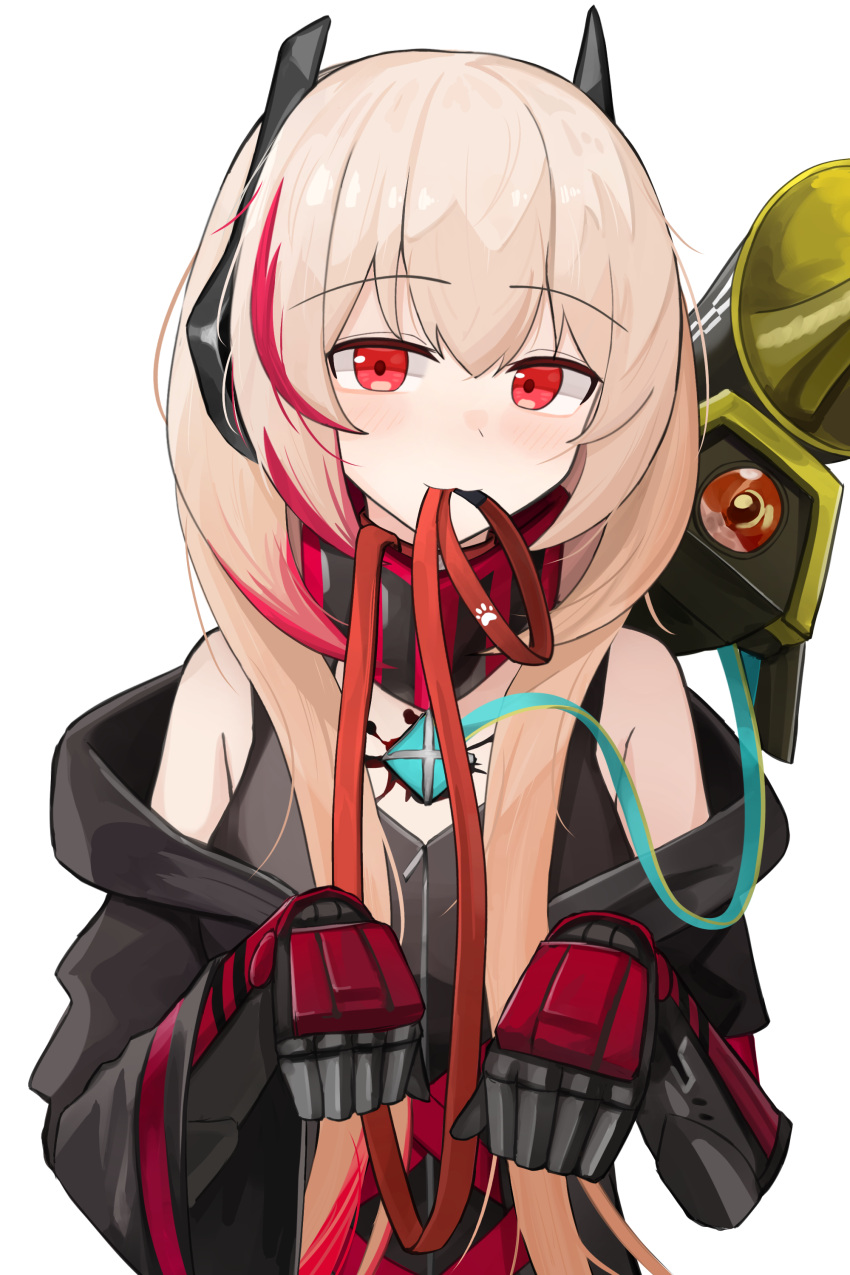 1girl absurdres bare_shoulders black_jacket closed_mouth commission dinergate_(girls'_frontline) gamryous girls_frontline hair_between_eyes highres hood hood_down hooded_jacket jacket leash leash_in_mouth light_brown_hair looking_at_viewer m4_sopmod_ii_(girls'_frontline) m4_sopmod_ii_(mod3)_(girls'_frontline) mouth_hold multicolored_hair off_shoulder open_clothes open_jacket red_eyes redhead simple_background streaked_hair upper_body white_background