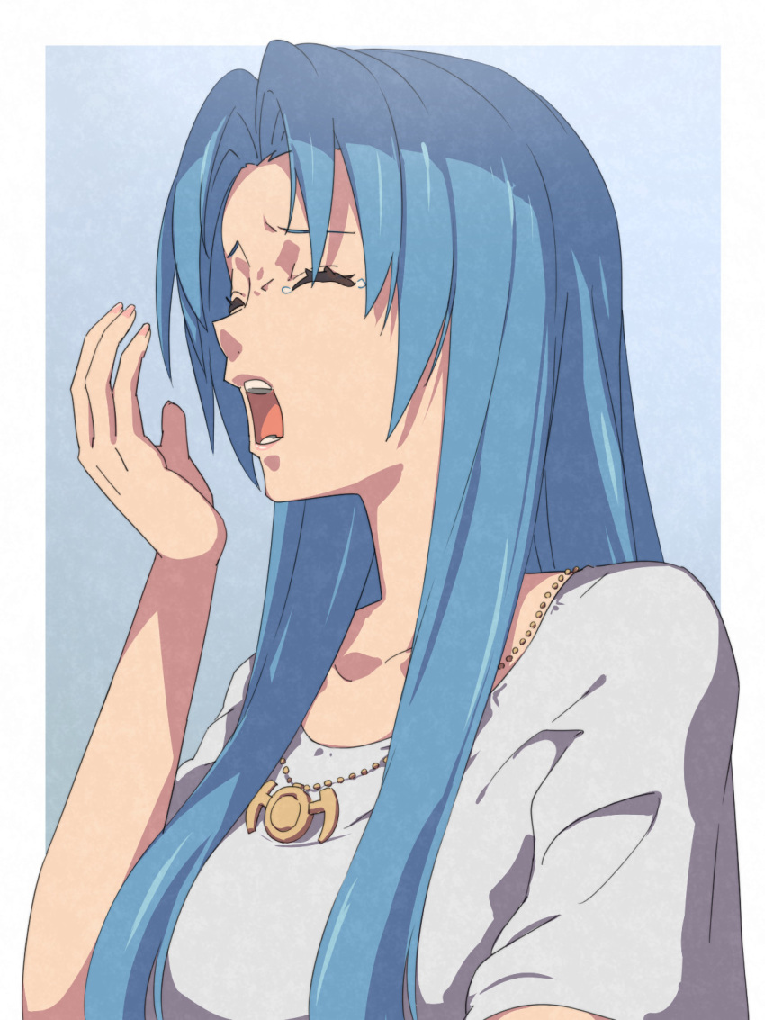 1girl ancient_ys_vanished blue_background blue_hair border chiharu_(9654784) closed_eyes collarbone commentary_request curtained_hair feena_(ys) highres jewelry long_hair necklace open_mouth solo teeth upper_body white_border yawning ys