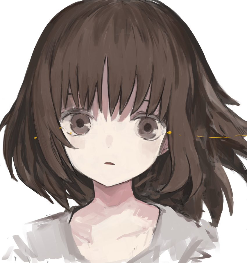 1girl absurdres brown_eyes brown_hair expressionless grey_shirt highres looking_at_viewer medium_hair original parted_lips portrait shinamida shirt simple_background solo white_background