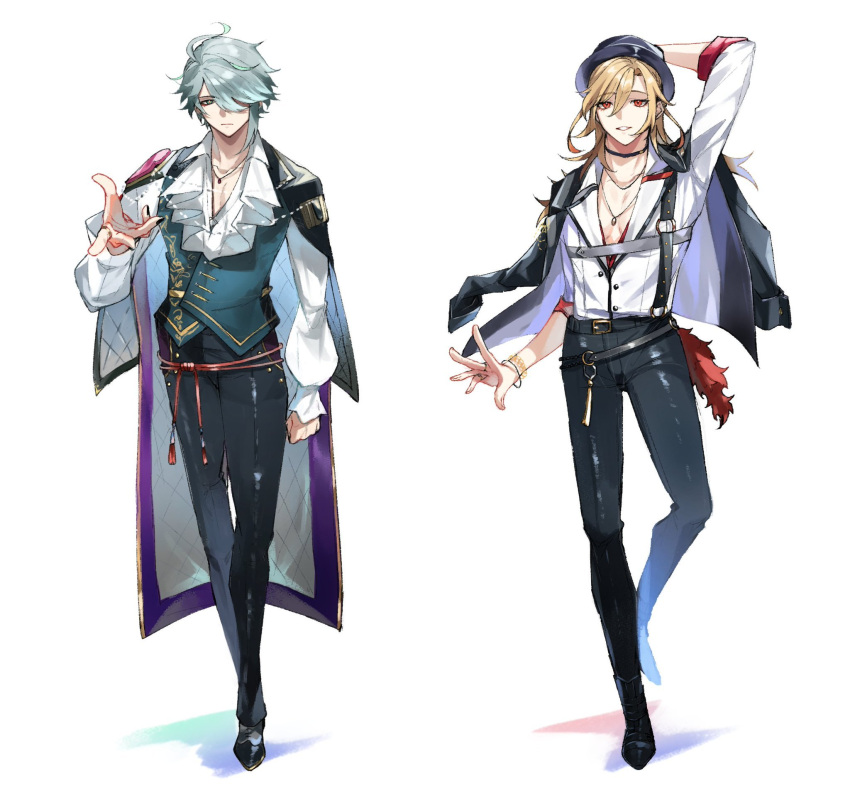 2boys alhaitham_(genshin_impact) ankle_boots aqua_vest ariadne_(ensemble_stars!) beckoning belt black_belt black_capelet black_choker black_footwear black_headwear black_jacket black_nails black_pants blonde_hair boots bracelet cape capelet center_frills chest_strap choker closed_mouth cosplay earrings ensemble_stars! expressionless fedora frills full_body genshin_impact green_eyes grey_hair hair_between_eyes hair_over_one_eye hand_on_headwear hasumi_keito hasumi_keito_(cosplay) hat highres himeru_(ensemble_stars!) himeru_(ensemble_stars!)_(cosplay) jacket jacket_on_shoulders jewelry kaveh_(genshin_impact) lapels long_sleeves looking_at_viewer male_focus medium_hair multiple_boys nail_polish necklace notched_lapels o-ring pants parted_lips pectoral_cleavage pectorals plunging_neckline purple_cape raiseafuture red_eyes revision ring ring_necklace rope_belt shirt shoes short_hair simple_background sleeves_past_elbows smile standing suspenders undershirt vest white_background white_shirt