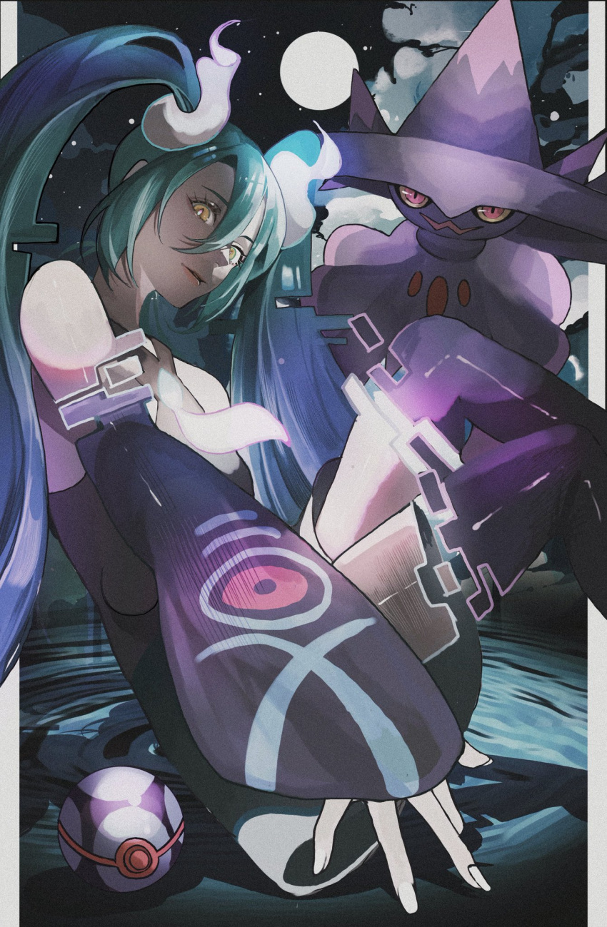 aqua_hair detached_sleeves dusk_ball ghost ghost_miku_(project_voltage) glitch grey_shirt hatsune_miku highres looking_at_viewer mismagius moon necktie night night_sky poke_ball pokemon pokemon_(creature) project_voltage reo_(mmocc123) shirt sky twintails vocaloid will-o'-the-wisp_(mythology) yellow_eyes