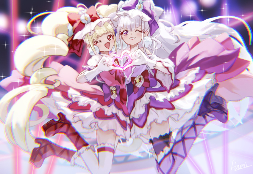 2girls :d aisaki_emiru blonde_hair boots bow cure_amour cure_macherie dress earrings eyelashes frills gloves hair_ornament hair_ribbon happy heart heart_hands highres hugtto!_precure jewelry jumping long_hair multiple_girls one_eye_closed pom_pom_(clothes) pom_pom_earrings precure purple_dress purple_footwear purple_hair purple_ribbon red_dress red_eyes red_footwear red_lips red_ribbon ribbon ruru_amour smile sparkle takahashi_hizumi thigh-highs twintails violet_eyes white_gloves