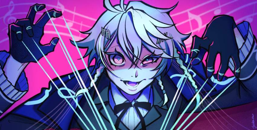 1boy artist_name black_gloves black_jacket black_ribbon blue_hair blue_jacket blue_pupils collared_shirt eighth_note frilled_sleeves frills gloves hair_between_eyes hair_ornament half-closed_eye highres holostars holostars_english jacket jaidenstar long_sleeves looking_at_viewer lower_teeth_only multicolored_hair musical_note neck_ribbon octavio open_mouth pink_background pink_eyes puppet_strings quarter_note ribbon ringed_eyes shirt short_hair smile solo staff_(music) streaked_hair teeth tongue treble_clef tri_braids virtual_youtuber white_hair white_shirt