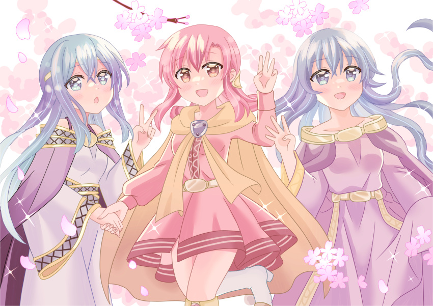 blush cape circlet commentary_request deirdre_(fire_emblem) dress ethlyn_(fire_emblem) fire_emblem fire_emblem:_genealogy_of_the_holy_war highres holding_hands julia_(fire_emblem) long_sleeves multiple_girls open_mouth pink_eyes pink_hair potato0805 purple_cape purple_hair sash simple_background skirt v violet_eyes yellow_cape