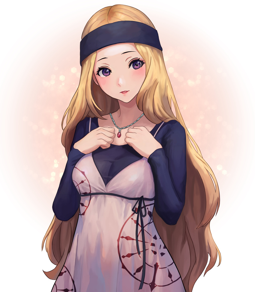 1girl absurdres black_headband black_shirt blonde_hair blush closed_mouth commentary_request dress headband highres jewelry lips long_hair long_sleeves looking_at_viewer mifune_chihaya necklace persona persona_5 pigsir13152 pink_dress pink_lips shirt simple_background solo very_long_hair violet_eyes