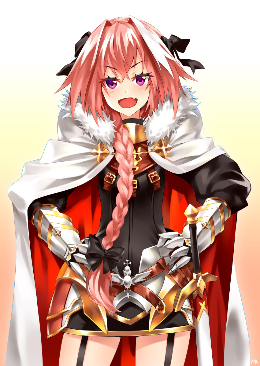 absurdres astolfo_(fate) bad_link black_bow blush bow braid cape fang fate/apocrypha fate/grand_order fate_(series) fur-trimmed_cape fur_trim garter_straps gauntlets hair_bow hair_intakes highres long_braid long_hair male_focus mk_(lazymk) multicolored_hair open_mouth otoko_no_ko pink_hair ribbon single_braid skin_fang smile solo streaked_hair sword two-sided_cape two-sided_fabric violet_eyes weapon white_cape white_hair