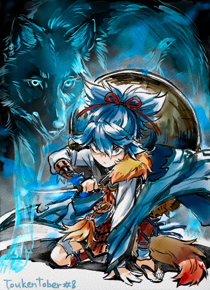 animal arm_support armor blue_cloak blue_eyes blue_hair blue_theme cloak commentary english_commentary fighting_stance floating_clothes full_body fur_trim hair_between_eyes hand_up hat highres holding holding_knife holding_weapon japanese_armor kesa knife kote kusazuri long_sleeves looking_at_viewer male_focus on_one_knee ponytail reverse_grip sayo_samonji serious short_hair straw_hat suneate tail tassel touken_ranbu transparent unworn_hat unworn_headwear vdmaler weapon wolf zouri