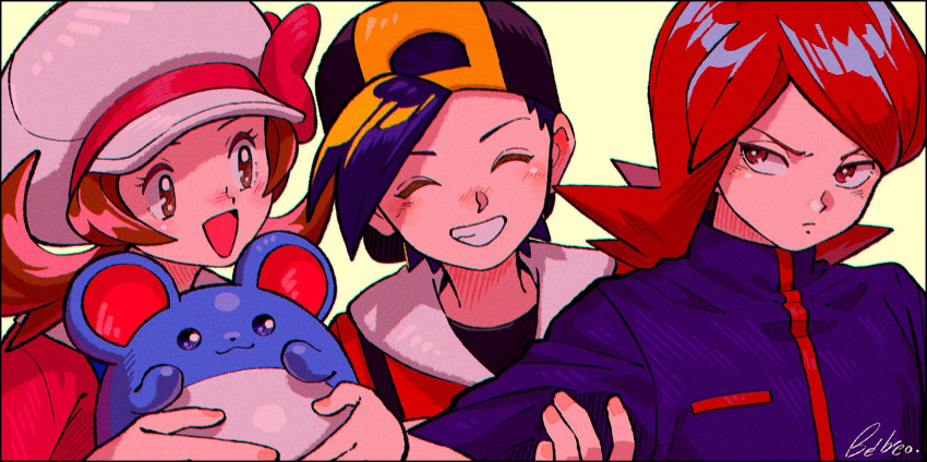 1girl 2boys :d backwards_hat blush brown_eyes brown_hair closed_eyes commentary_request ethan_(pokemon) eyelashes hat highres holding holding_another's_arm holding_pokemon jacket kwsby_124 lyra_(pokemon) marill multiple_boys open_mouth pokemon pokemon_(creature) ponytail red_eyes redhead signature silver_(pokemon) simple_background smile teeth