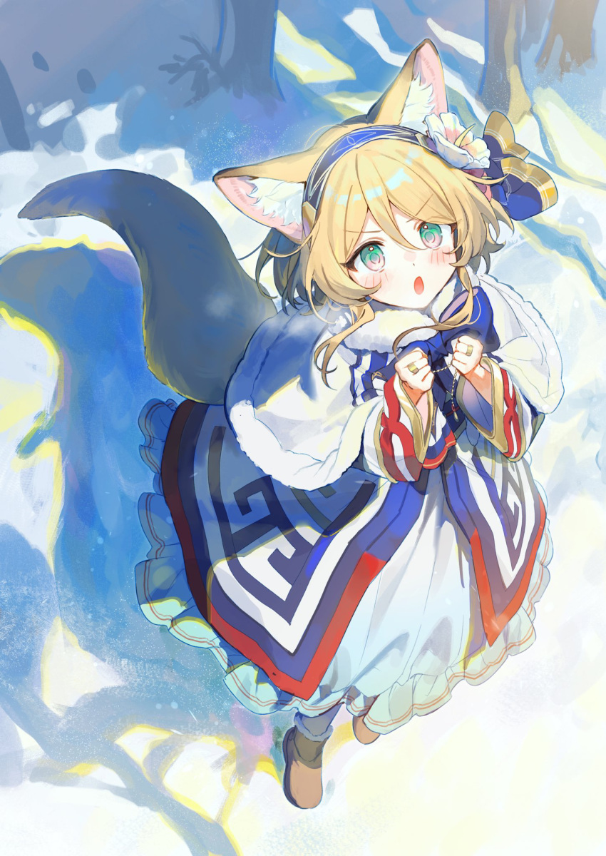 1girl ainu_clothes animal_ear_fluff animal_ears blonde_hair blue_hairband capelet commentary_request dress fox_ears fox_girl fox_tail full_body fur-trimmed_capelet fur_trim green_eyes hairband highres jewelry jill_07km long_sleeves original ring short_hair snow tail white_capelet white_dress