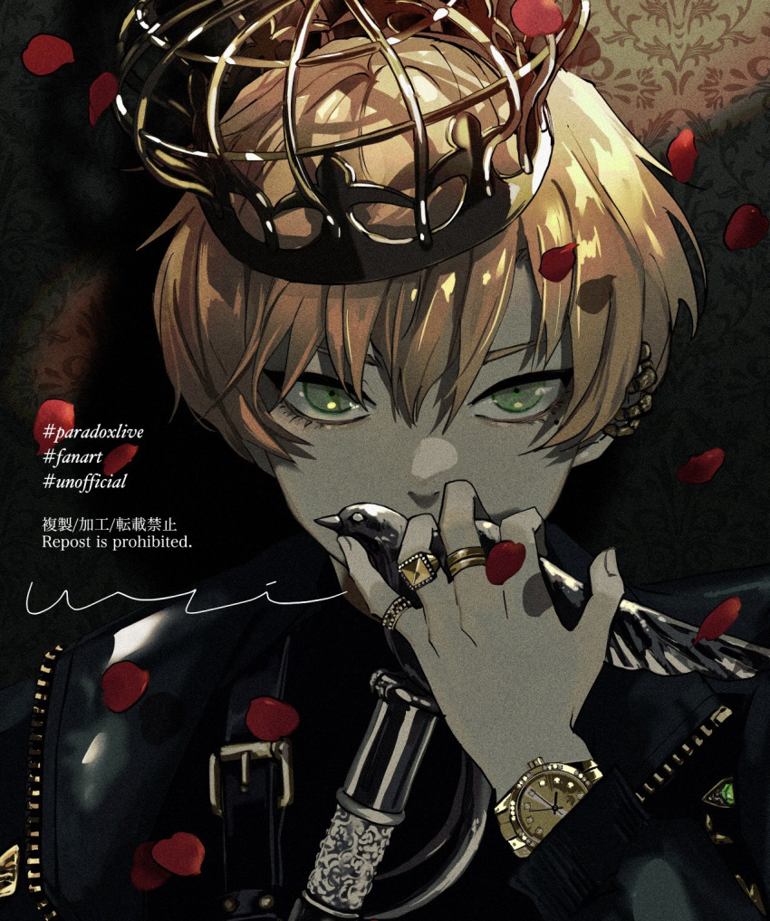 1boy bird black_background black_jacket blonde_hair cane covered_mouth crow crown gold_ring green_background green_eyes highres holding holding_cane jacket jewelry long_sleeves male_focus multicolored_background paradox_live petals red_petals ring rose_petals short_hair solo tume_uri watch watch yeon_dongha
