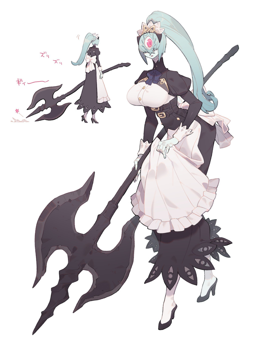 1girl absurdres apron axe blue_hair blue_skin breasts clothes_lift colored_skin commentary_request corset cyclops dragging dress dress_lift high_heels highres holding holding_axe holding_weapon huge_weapon inu_fuji large_breasts looking_at_viewer maid maid_apron maid_headdress one-eyed original pink_eyes ponytail weapon white_background