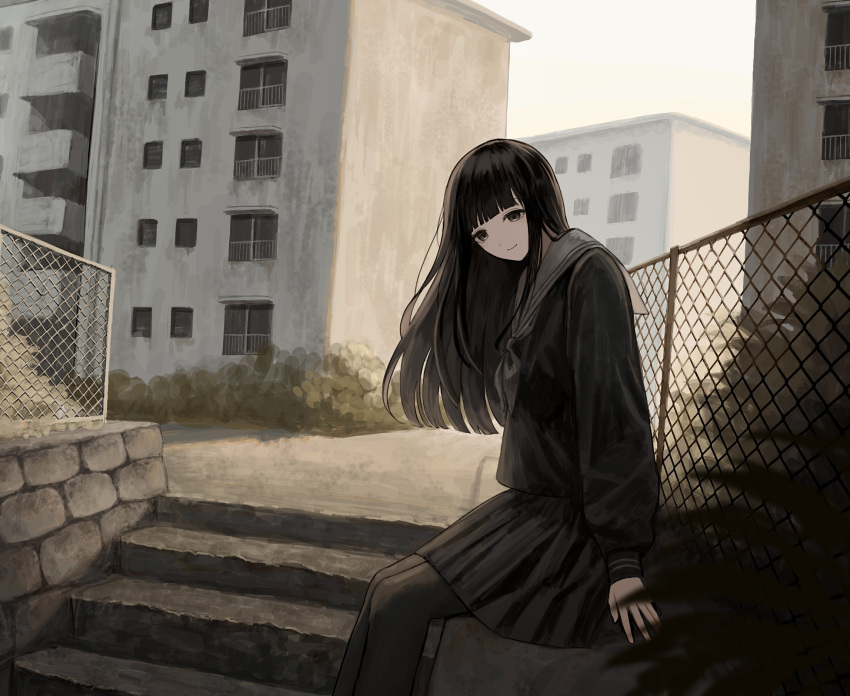 1girl apartment black_eyes black_hair black_pantyhose black_serafuku black_shirt black_skirt blunt_bangs building chain-link_fence closed_mouth commentary day feet_out_of_frame fence from_side grey_neckerchief grey_sailor_collar highres kiro_(ntcm8883) long_hair long_sleeves looking_at_viewer looking_to_the_side neckerchief original outdoors pantyhose plant pleated_skirt sailor_collar sailor_shirt school_uniform serafuku shirt sitting skirt smile solo stairs stone_wall straight_hair wall