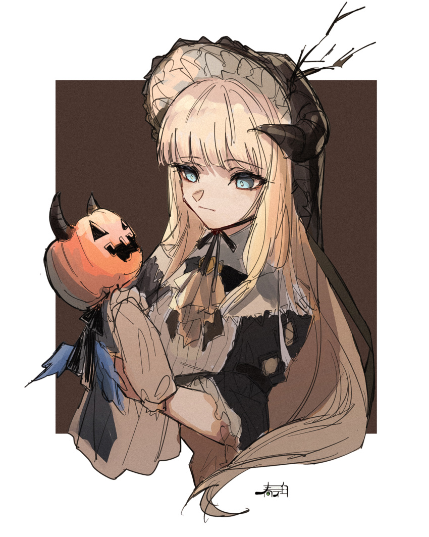 1girl absurdres arknights black_dress blonde_hair blue_eyes bonnet brown_background character_request check_character closed_mouth cropped_torso dress harukan_tiusu highres holding horns jack-o'-lantern long_hair nightingale_(arknights) puffy_short_sleeves puffy_sleeves short_sleeves solo two-tone_background upper_body very_long_hair white_background