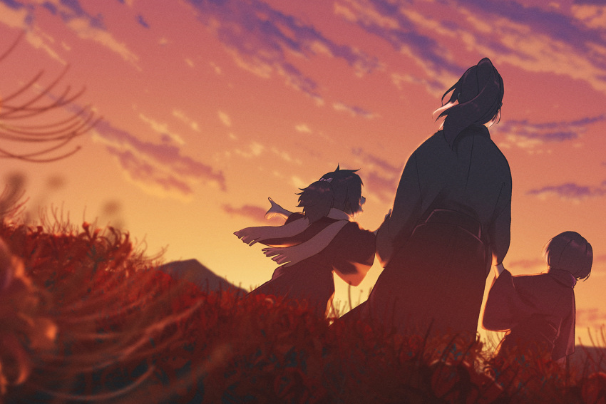 3boys aged_down arms_at_sides black_hair blue_kimono blurry bow child depth_of_field dutch_angle facing_away field flower flower_field from_behind gradient_sky grey_hair hair_bow hakama hand_up holding_hands japanese_clothes kashuu_kiyomitsu kimono long_hair long_sleeves male_focus mountainous_horizon multiple_boys nature okita_souji orange_sky outdoors outstretched_arms ponytail rawshirasudon red_flower red_scarf scarf short_hair side-by-side sky spider_lily spread_arms touken_ranbu twilight walking white_bow white_kimono white_scarf wide_sleeves yamato-no-kami_yasusada