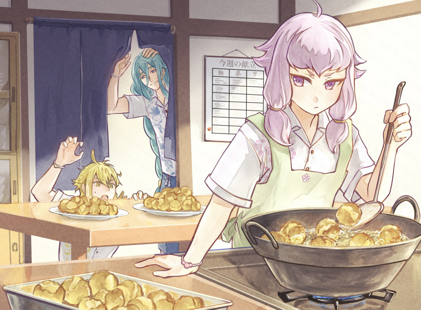 3boys androgynous apron aqua_hair arm_support arm_up blonde_hair blue_shorts bracelet braid braided_ponytail bulletin_board cabinet casual chatan_nakiri_(touken_ranbu) chiganemaru_(touken_ranbu) chiyoganemaru_(touken_ranbu) collared_shirt cooking cooking_oil cooking_pot counter curtains deep_frying dress_shirt flipped_hair floral_print food_request food_theft green_apron hair_between_eyes hand_up hands_up hibiki_10000 hiding highres indoors jewelry kitchen looking_at_another looking_down multiple_boys plate print_shirt purple_hair reaching shirt short_hair short_hair_with_long_locks short_sleeves shorts sidelocks sideways_glance smile standing stove strainer table touken_ranbu tray violet_eyes yellow_eyes