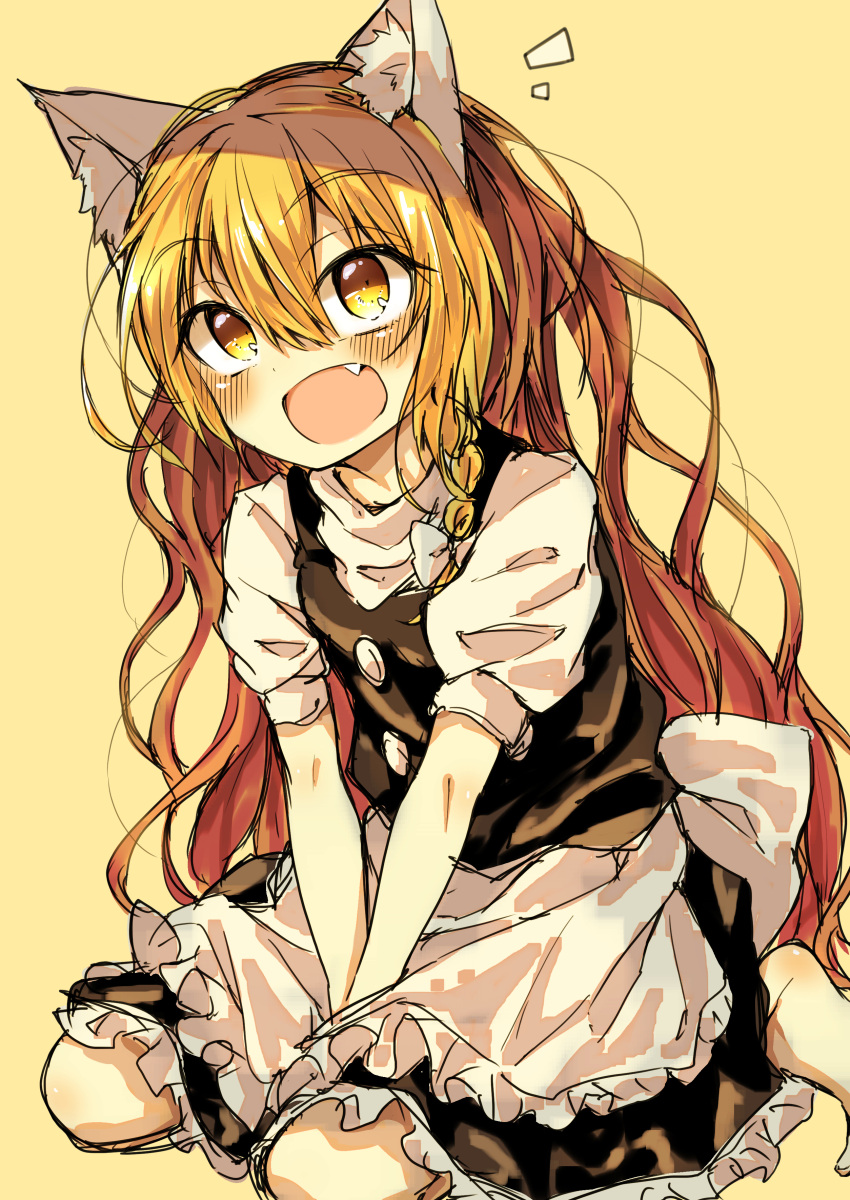1girl absurdres animal_ears apron black_skirt black_vest blonde_hair blush bow braid cat_ears commentary_request fang hair_bow highres kirisame_marisa long_hair open_mouth own_hands_together seika_okawari side_braid single_braid sitting skirt smile solo touhou very_long_hair vest waist_apron wariza white_bow yellow_background yellow_eyes