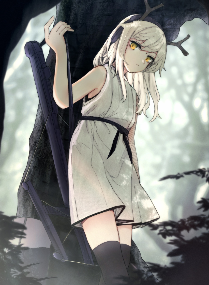 1girl antlers arknights bare_shoulders black_thighhighs blonde_hair cowboy_shot crossbow deer_antlers dress firewatch_(arknights) firewatch_(wilted_cypress)_(arknights) highres holding holding_crossbow holding_weapon long_hair looking_at_viewer official_alternate_costume outdoors sasahara_(shou_goi) sleeveless sleeveless_dress solo thigh-highs tree weapon white_dress yellow_eyes