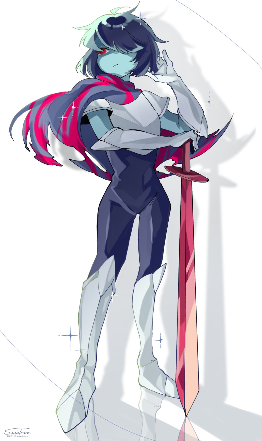 1other absurdres androgynous armor artist_name black_hair blue_bodysuit blue_cape blue_skin bodysuit bodysuit_under_clothes breastplate cape colored_skin commentary deltarune drop_shadow full_body gauntlets greaves hair_over_one_eye hand_on_hilt hand_up highres kris_(deltarune) looking_to_the_side one_eye_covered other_focus pauldrons red_eyes short_hair shoulder_armor simple_background solo sonokare sparkle standing sword torn_cape torn_clothes twitter_username weapon white_background