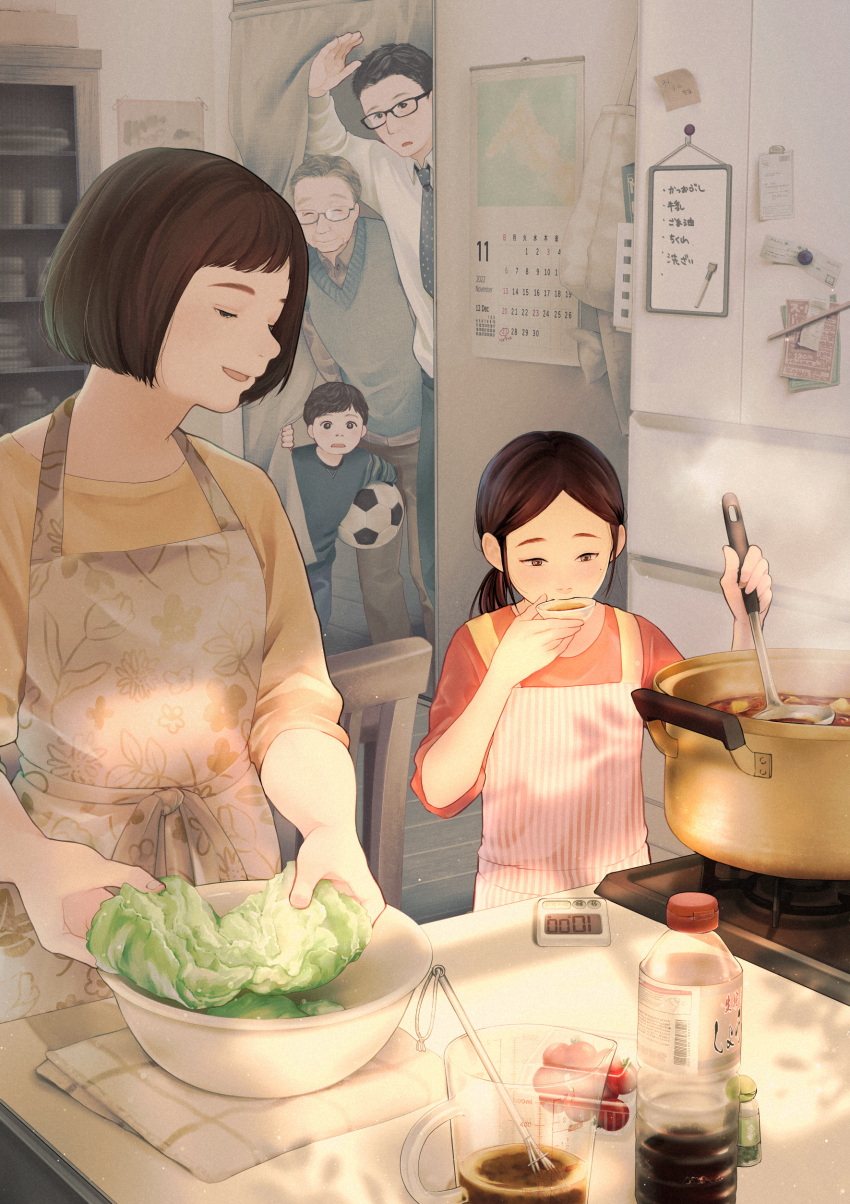 2girls 3boys absurdres apron ball black_hair blue_shirt bookshelf bowl brown_hair calendar_(object) chair cooking curry curtains family floral_print food glasses highres holding holding_ball indoors ladle lettuce measuring_cup multiple_boys multiple_girls necktie old old_man original red_shirt shirt short_hair snails0106 soccer_ball soy_sauce stove striped striped_apron sweater_vest tasting whisk yellow_shirt