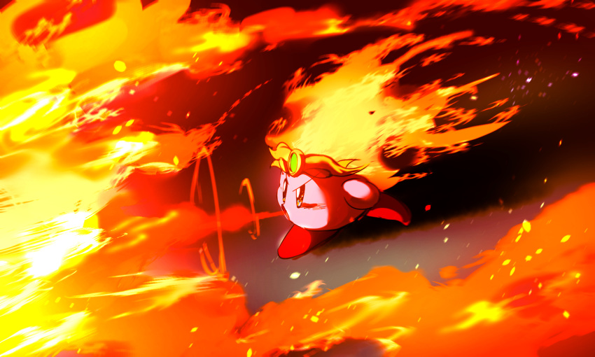 black_background blush_stickers breathing_fire burning colored_skin commentary_request copy_ability crown embers fire fire_kirby gem gold_headwear green_gemstone grey_eyes kirby_(series) looking_ahead no_humans pink_skin red_footwear shadow shirushiki shoes solo v-shaped_eyebrows