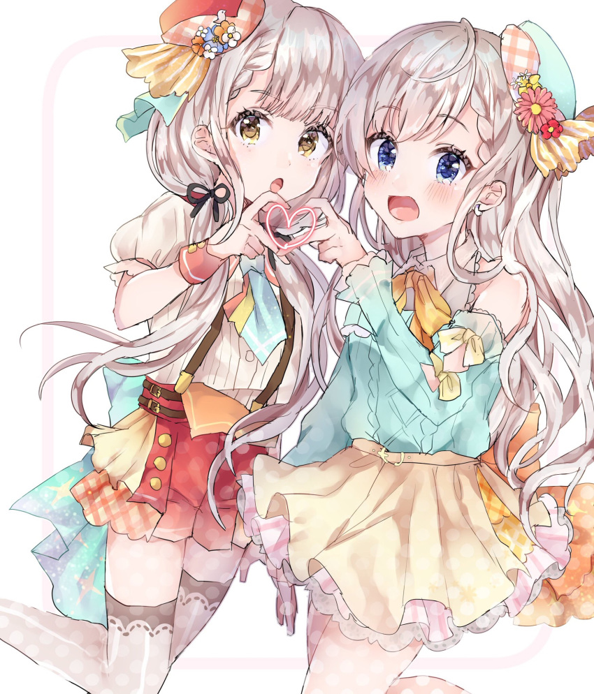 2girls :o asymmetrical_bangs blush braid braided_bangs clothing_cutout grey_hair hat heart heart_hands heart_hands_duo highres hisakawa_hayate hisakawa_nagi idolmaster idolmaster_cinderella_girls looking_at_viewer megupi mini_hat multiple_girls puffy_short_sleeves puffy_sleeves short_sleeves shoulder_cutout siblings sisters skirt standing standing_on_one_leg suspender_skirt suspenders tilted_headwear twins