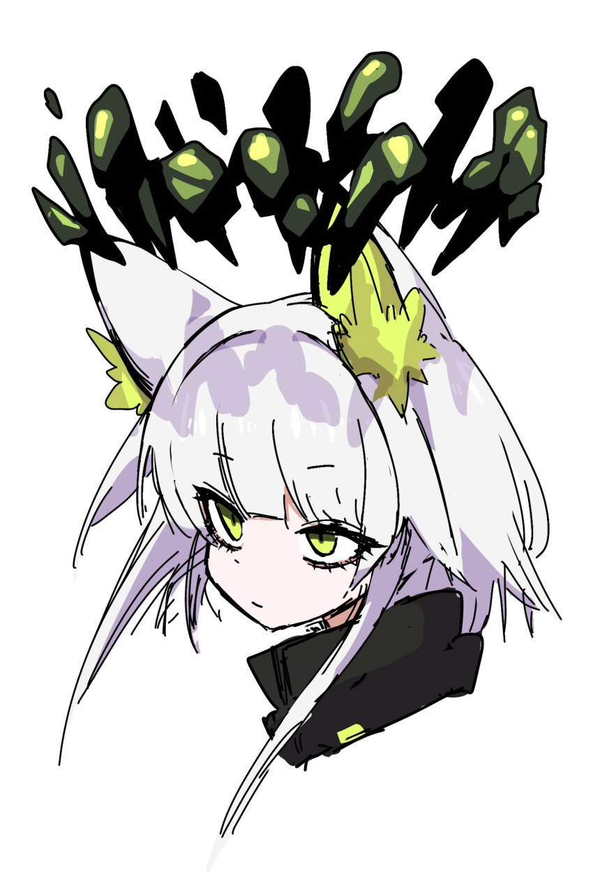 1girl animal_ears arknights cat_ears collar dr_yamero green_eyes green_hair headshot highres kal'tsit_(arknights) kal'tsit_(remnant)_(arknights) object_floating_above_hand rock short_hair simple_background solo white_background white_hair