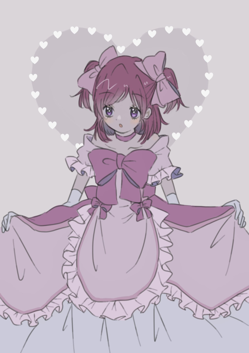 1girl atat_karubi bow choker dress elbow_gloves frilled_dress frills gloves hair_bow heart highres holding holding_clothes holding_skirt light_blush multiple_hair_bows open_mouth pink_dress pink_hair precure ribbon simple_background skirt violet_eyes white_gloves yes!_precure_5 yumehara_nozomi