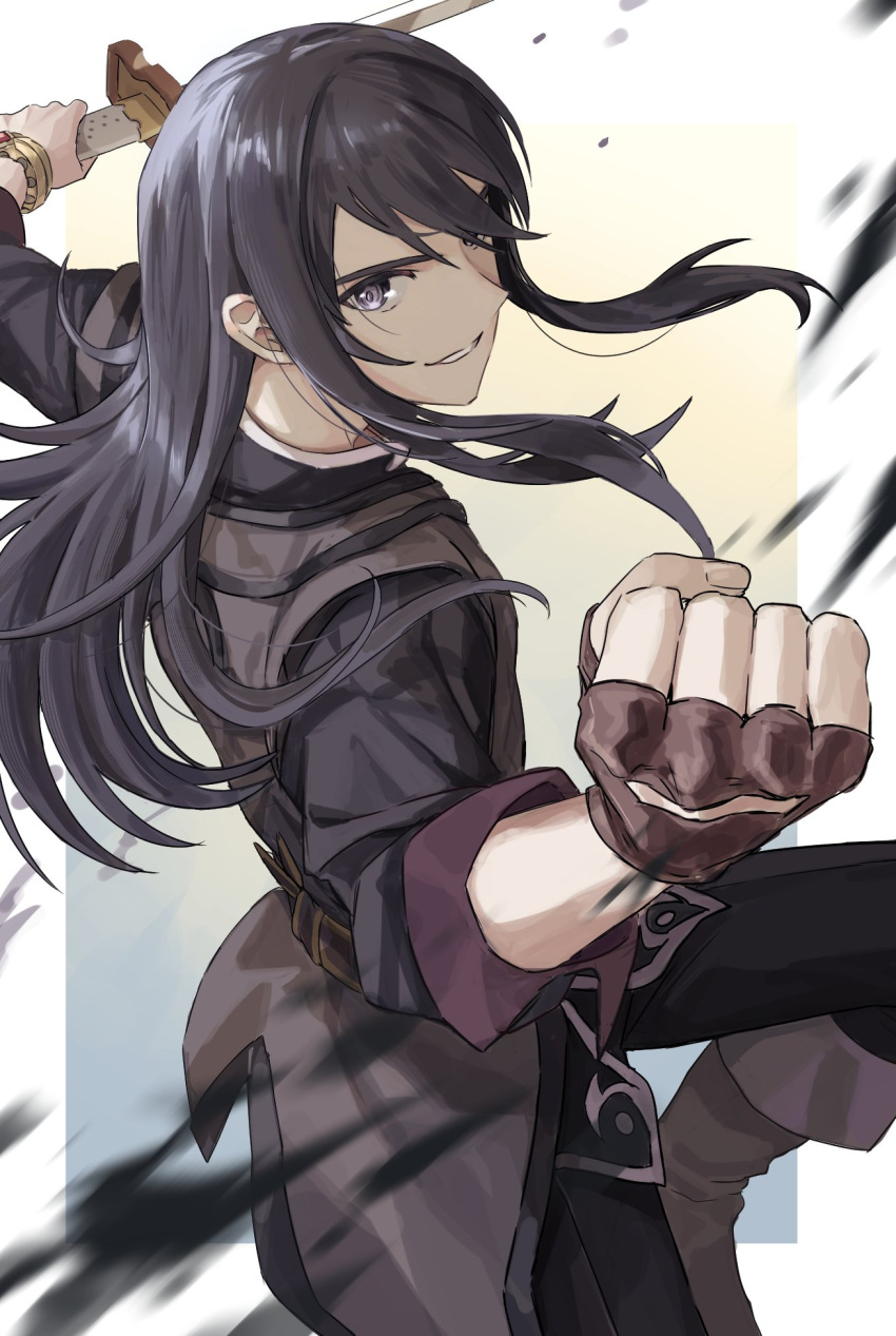 1boy black_hair boots border bracelet brown_footwear brown_gloves clenched_hand fingerless_gloves gloves highres holding holding_sword holding_weapon jewelry long_hair male_focus smile solo sword tales_of_(series) tales_of_vesperia teeth violet_eyes weapon white_border yacht_king yuri_lowell