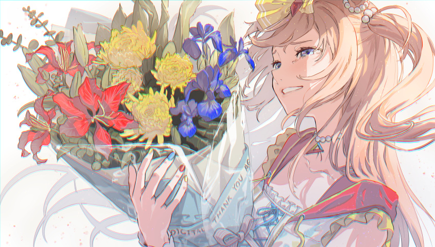 1girl absurdres agnes_digital_(umamusume) animal_ears blue_eyes blue_flower bouquet brown_hair collarbone dress esubui fingernails flower happy_tears highres holding holding_bouquet horse_ears long_hair multicolored_nails nail_polish open_mouth red_flower simple_background smile solo tears two_side_up umamusume white_background white_dress yellow_flower