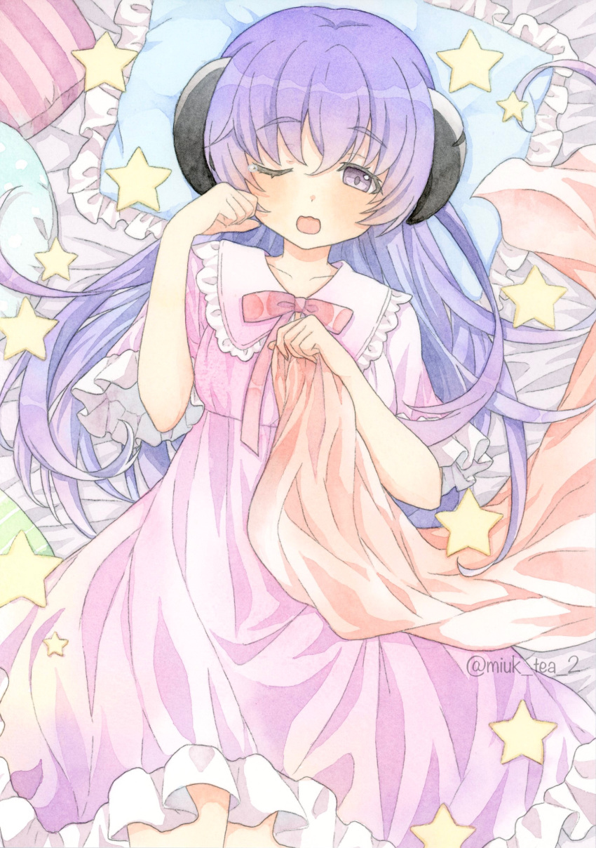 1girl absurdres artist_name blanket blush bow breasts collarbone commentary_request frilled_nightgown frilled_sleeves frills hair_between_eyes hanyuu highres higurashi_no_naku_koro_ni horns long_bangs long_hair looking_at_viewer lying nightgown on_back on_bed one_eye_closed open_mouth painting_(medium) pajamas pillow pink_nightgown pink_ribbon purple_hair raised_eyebrows ribbon sleepwear solo star_(symbol) striped sweet_miuk_tea traditional_media twitter_username violet_eyes waking_up watercolor_(medium)