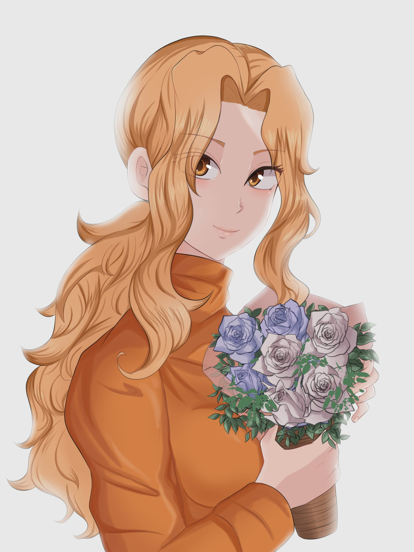 1girl absurdres blonde_hair bouquet closed_mouth eyvel fire_emblem fire_emblem:_thracia_776 flower highres holding holding_bouquet light_smile long_hair long_sleeves looking_at_viewer mazi_(pirate_archer) orange_eyes orange_shirt shirt solo upper_body white_background