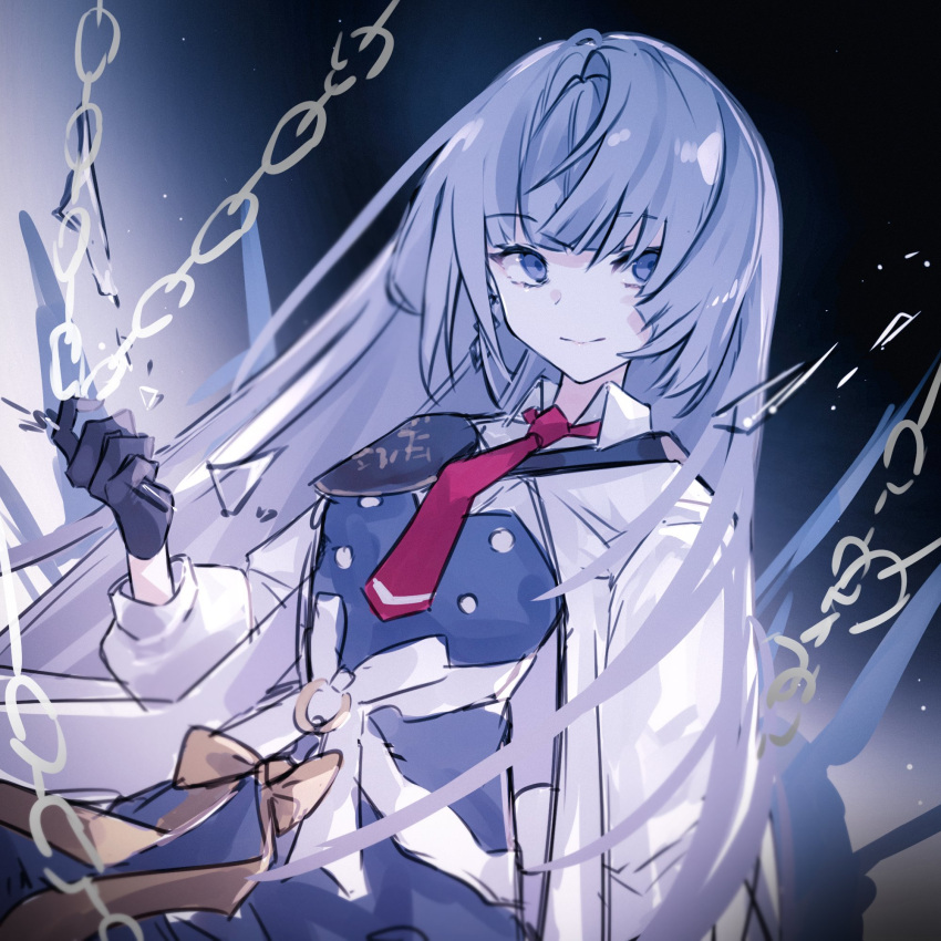 arcaea belt black_gloves blue_eyes blue_hair bow breasts buttons chain collared_shirt epaulettes glass_shards gloves highres insight_(arcaea) lab_coat light_smile long_hair long_sleeves looking_to_the_side medium_breasts miyu_(miy_u1308) necktie red_necktie shirt shoulder_pads sidelocks single_epaulette white_belt white_shirt yellow_bow