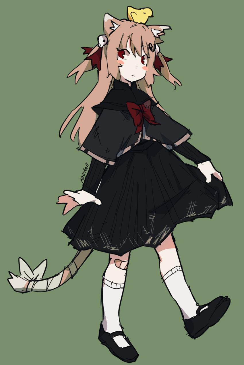 1girl absurdres animal_ears bird black_capelet black_footwear black_skirt black_sweater blush_stickers bow bowtie brown_hair capelet cat_ears cat_tail chick closed_mouth evil_neuro-sama full_body green_background hair_ornament highres indie_virtual_youtuber long_hair neuro-sama pasharuu red_bow red_bowtie red_eyes shoes simple_background skirt skull_hair_ornament socks solo standing standing_on_one_leg sweater tail two_side_up virtual_youtuber white_socks