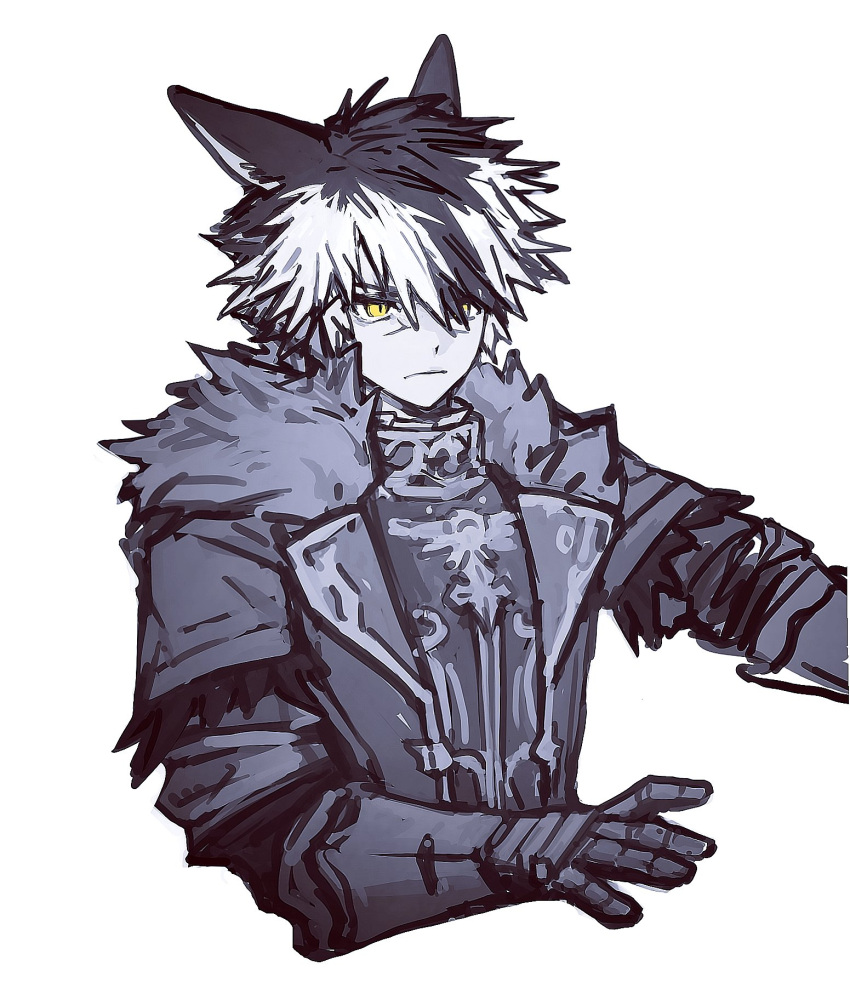 1boy animal_ears arm_armor arm_up armor black_hair black_jacket breastplate cat_boy cat_ears character_request colored_skin cropped_torso facial_mark final_fantasy final_fantasy_xiv fur-trimmed_jacket fur_trim gauntlets hand_up high_collar highres jacket looking_to_the_side male_focus miqo'te multicolored_hair open_clothes open_jacket popocoy serious simple_background slit_pupils solo two-tone_hair white_background white_hair white_skin yellow_eyes