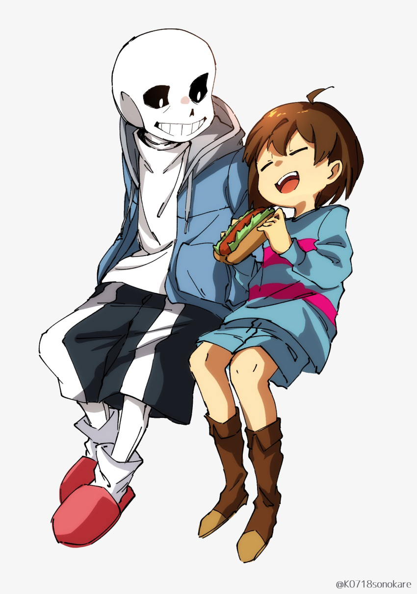 1boy 1other =_= ahoge black_sclera black_shorts blue_jacket blue_shorts blue_sweater boots brown_footwear brown_hair child colored_sclera commentary food frisk_(undertale) from_side full_body grey_background grin hands_in_pockets highres holding holding_food hot_dog invisible_chair jacket knee_boots leg_warmers long_sleeves looking_at_another open_mouth red_footwear sans shirt short_hair shorts side-by-side simple_background sitting skeleton slippers smile sonokare sweater twitter_username undertale white_shirt