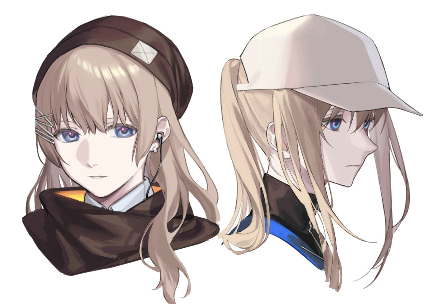 2girls baseball_cap beanie blonde_hair blue_eyes breasts brown_hair cropped_shoulders expressionless girls_frontline hair_clipper hat highres long_hair looking_at_viewer medium_breasts mik_blamike multiple_girls parted_lips ponytail scar-h_(girls'_frontline) scar-l_(girls'_frontline) scarf sidelocks simple_background teeth white_background white_headwear
