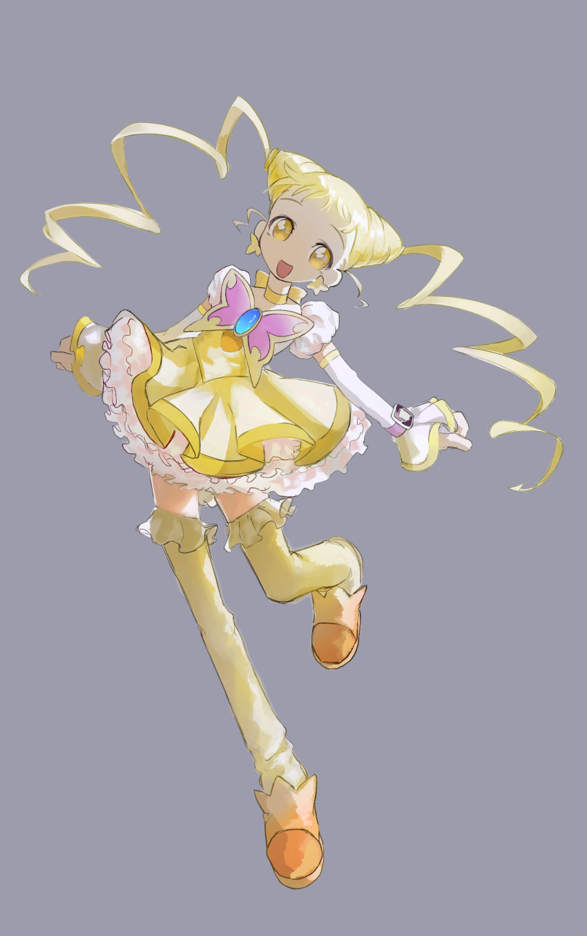 1girl :d absurdres blonde_hair brooch butterfly_brooch collar cure_lemonade detached_sleeves dress earrings ffgghhjj frills grey_background happy highres jewelry kasugano_urara_(yes!_precure_5) leg_up open_mouth precure simple_background smile solo twintails watch yellow_collar yellow_dress yellow_eyes yes!_precure_5