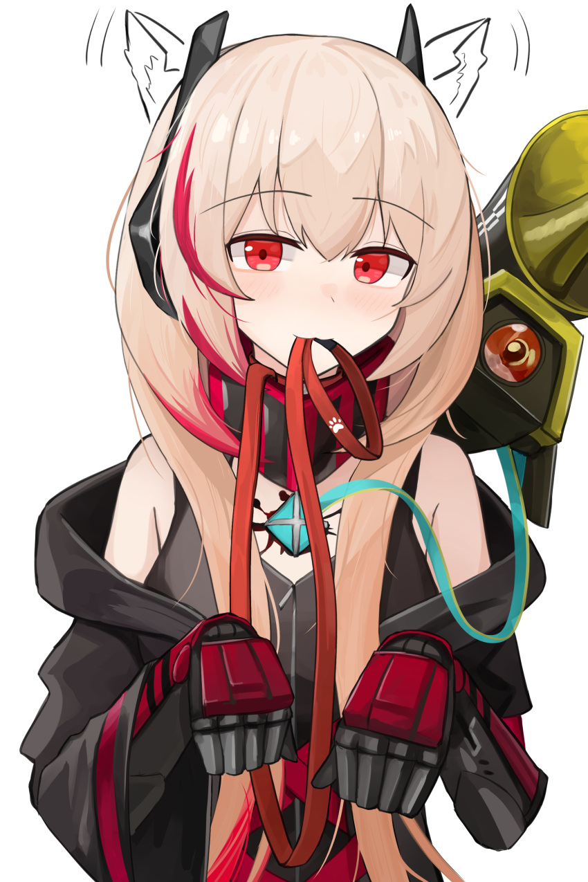 1girl absurdres animal_ear_fluff animal_ears bare_shoulders black_jacket closed_mouth commission dinergate_(girls'_frontline) drawn_ears gamryous girls_frontline hair_between_eyes highres hood hood_down hooded_jacket jacket leash leash_in_mouth light_brown_hair looking_at_viewer m4_sopmod_ii_(girls'_frontline) m4_sopmod_ii_(mod3)_(girls'_frontline) mouth_hold multicolored_hair off_shoulder open_clothes open_jacket red_eyes redhead simple_background streaked_hair upper_body white_background