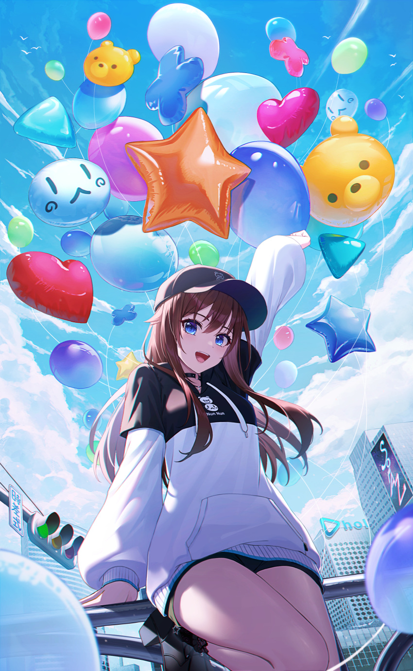 1girl absurdres ankimo_(tokino_sora) arm_up balloon bare_legs baseball_cap black_choker black_footwear black_headwear black_hoodie black_shorts blue_eyes blue_sky breasts brown_hair character_balloon choker city clouds cloudy_sky commentary day foot_out_of_frame hair_between_eyes hat heart_balloon highres hololive hood hoodie long_hair long_sleeves looking_at_viewer medium_breasts nun_nun_(tokino_sora) o-ring o-ring_choker official_alternate_costume open_mouth outdoors platform_footwear railing short_shorts shorts sky smile solo standing standing_on_one_leg star-ring star_balloon thighs tokino_sora tokino_sora_(streetwear) traffic_light two-tone_hoodie virtual_youtuber white_hoodie