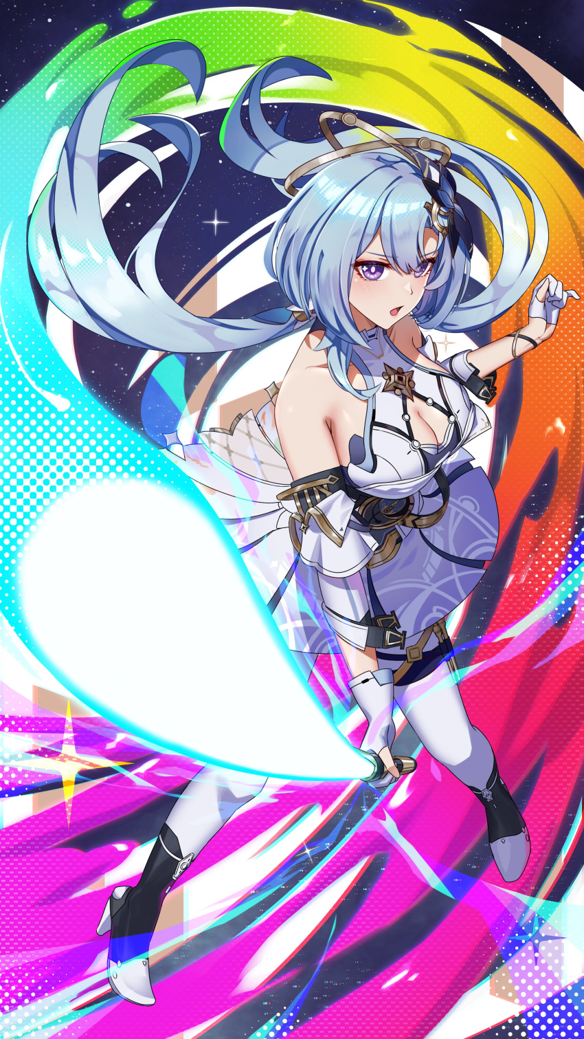 1girl absurdres bare_shoulders blue_hair blue_lightsaber blush breasts cleavage_cutout clothing_cutout cruzvu dress energy_sword full_body gloves griseo griseo_(cosmic_expression) hair_ornament highres holding holding_lightsaber honkai_(series) honkai_impact_3rd large_breasts light_blue_hair lightsaber long_hair looking_at_viewer open_mouth solo sword violet_eyes weapon white_dress white_gloves white_sleeves