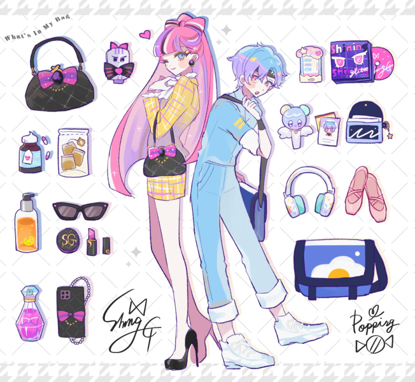 1boy 1girl alternate_costume bag ballet_slippers blue_eyes blue_hair bow cookie_run headphones high_heels humanization light_blue_hair lipstick long_hair looking_at_viewer makeup mamimumemo microphone multicolored_hair one_eye_closed personification pink_eyes pink_hair popping_candy_cookie shining_glitter_cookie short_hair sunglasses two-tone_hair
