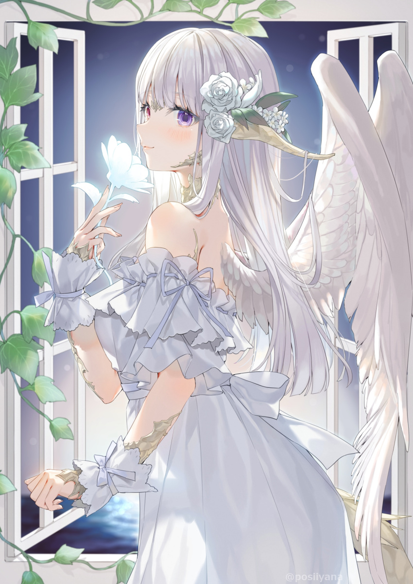 1girl absurdres angel_wings blush breasts character_request check_character dress feathered_wings final_fantasy final_fantasy_xiv flower hair_flower hair_ornament heterochromia highres holding holding_flower horns long_hair looking_at_viewer looking_to_the_side medium_breasts off-shoulder_dress off_shoulder red_eyes see-through smile solo violet_eyes warrior_of_light_(ff14) white_dress white_hair window wings yana_mori