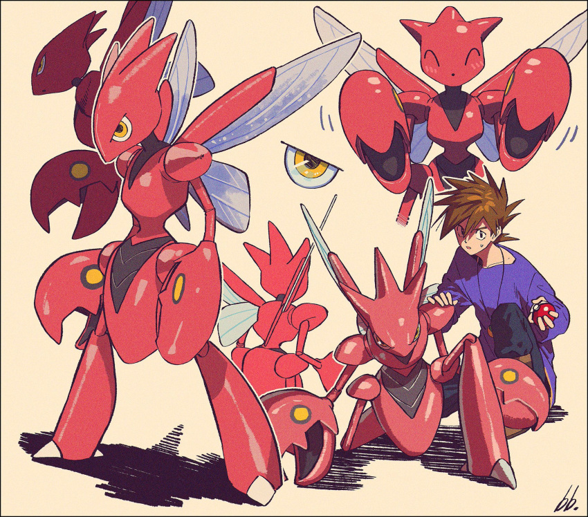 1boy blue_oak brown_hair bug claws highres holding holding_poke_ball horns insect_wings jewelry kwsby_124 necklace on_one_knee poke_ball poke_ball_(basic) pokemon pokemon_(creature) scizor shadow signature spiky_hair standing sweatdrop wings yellow_eyes