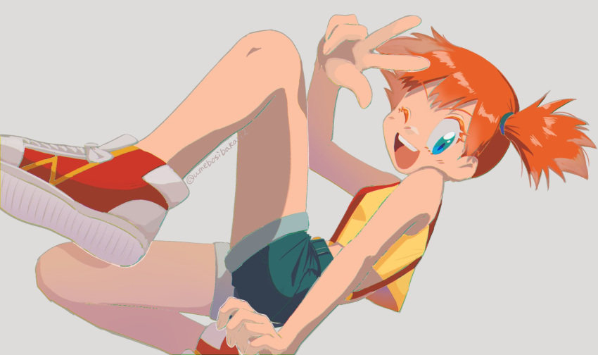 1girl :d blue_eyes blue_hairband colored_eyelashes commentary_request crop_top eyelashes grey_background hairband highres looking_at_viewer misty_(pokemon) one_eye_closed open_mouth orange_hair pokemon pokemon_rgby red_footwear shoes shorts side_ponytail signature simple_background sleeveless smile sneakers solo solo_focus suspenders teeth umebosibakari2 upper_teeth_only v