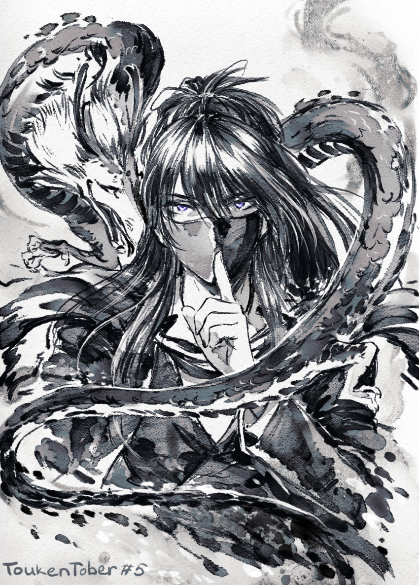 1boy character_request commentary dragon eastern_dragon english_commentary finger_to_mouth hair_between_eyes hand_up highres index_finger_raised japanese_clothes long_hair long_sleeves looking_at_viewer male_focus monochrome ponytail shushing spot_color touken_ranbu upper_body vdmaler violet_eyes