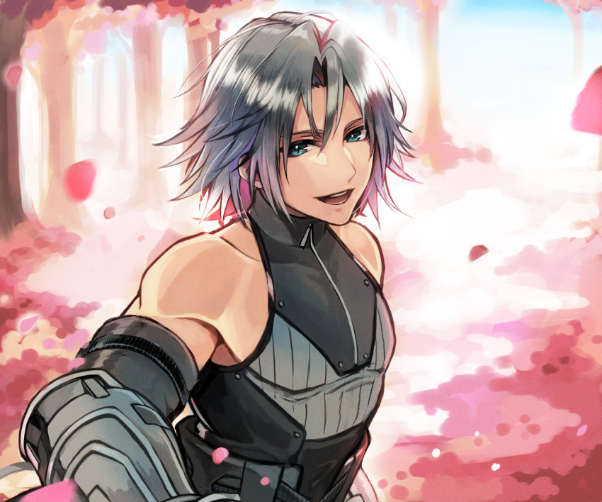 1boy alternate_hair_length alternate_hairstyle blue_eyes cropped_torso day falling_leaves final_fantasy final_fantasy_vii final_fantasy_vii_ever_crisis gloves grey_hair highres leaf looking_at_viewer male_focus official_alternate_costume open_mouth outdoors parted_bangs ryu_kisaragi sephiroth short_hair sleeveless smile solo upper_body